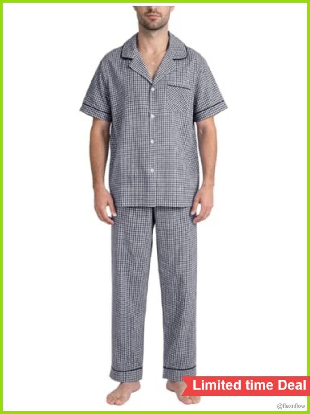 Mens Plaid Pajama Set 2 Piece Cotton Button Down Sleepwear Pockets